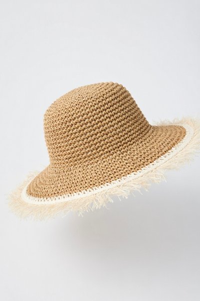 Mollycrush Women's Camel Fringed Premium Straw Bucket | Sunscreen Summer Beach Hat