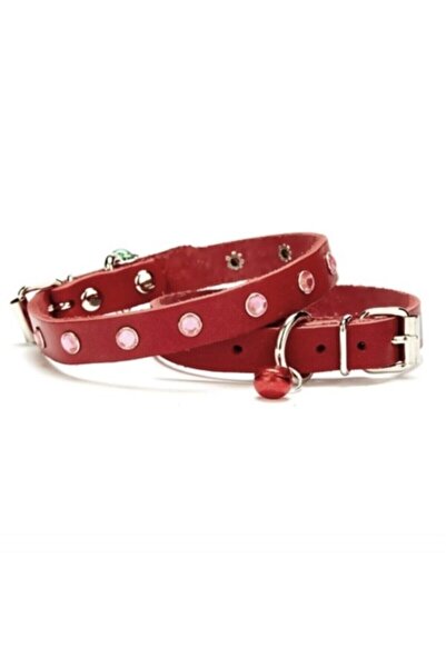 cattie Gerçek Deriden El Yapımı Taşlı Kedi Boyun Tasması 1x18-22cm - Red