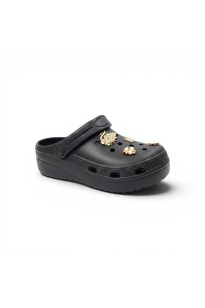 Apella Gold Charm Detailed Women's Sabo Slippers - High-Soled and Stone-Embellished Slippers