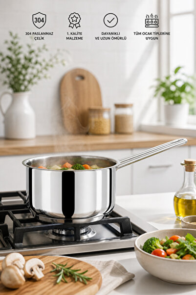 YUNUSOĞLU HOME 16cm Steel Sauce Pot with Long Handle 304 Stainless Steel Sauc...