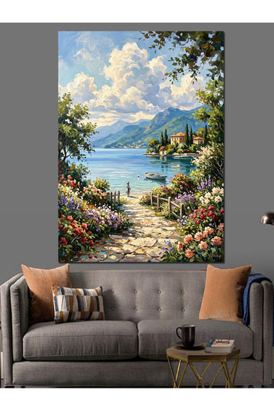 Artmeg Pânză decorativă cu peisaj floral de grădină și lac - Masă din lemn MDF