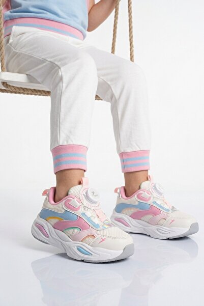 Cool White Powder Mesh Mechanism Lace-Up Girls' Sports Shoes