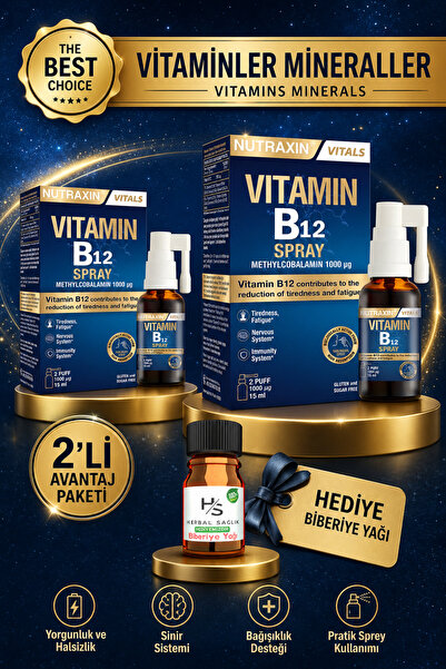Nutraxin 2 Adet Vitamin B12 Sprey 15 ML + HEDİYE BİBERİYE YAĞI