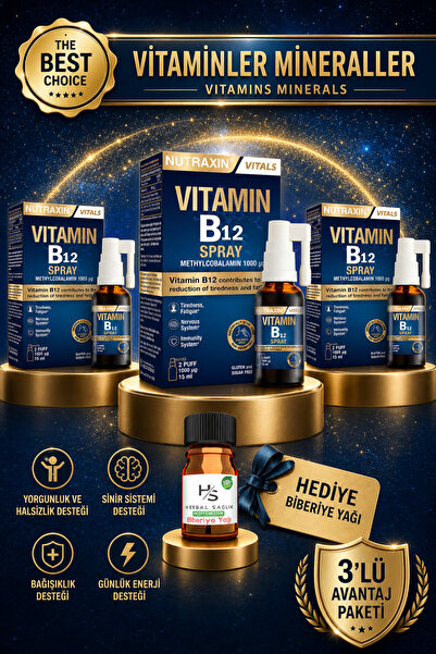 Nutraxin 3 Adet Vitamin B12 Sprey 15 ML + HEDİYE BİBERİYE YAĞI