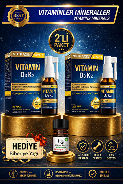 Nutraxin 2 Adet D3k2 Vitamini Içeren Sıvı Takviye Edici Gıda 207 Puf 30ml + H...