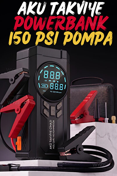 Wyze Şarjlı Akü Takviye Cihazı Lastik Şişirici Pompa Powerbank Led Işık 150ps...