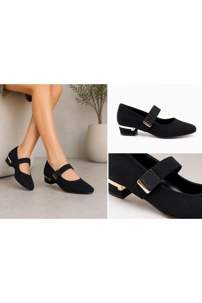 viderri Women's Black Satin Stylish Buckle Detailed Elastic Band Gold Detailed Short Heeled Women's Shoes Vdz02016