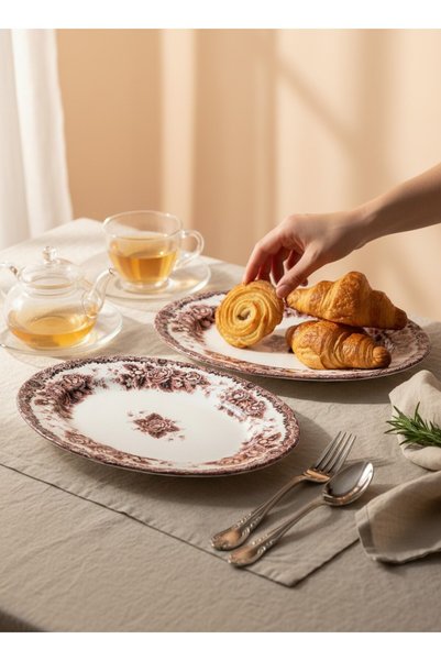 KÜTAHYA HOME Burgundy Romance 2-Piece 25 cm Patterned Porcelain Kayık Salad Set – Stylish Tableware Set Burgundy Vintage