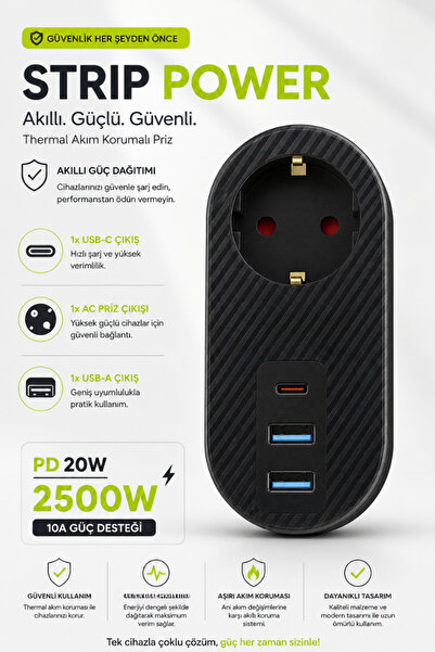 CROW'S TECH 2500W Akım Korumalı Priz PD20W USB-C USB-A Hızlı Şarj Çoklu Güç D...