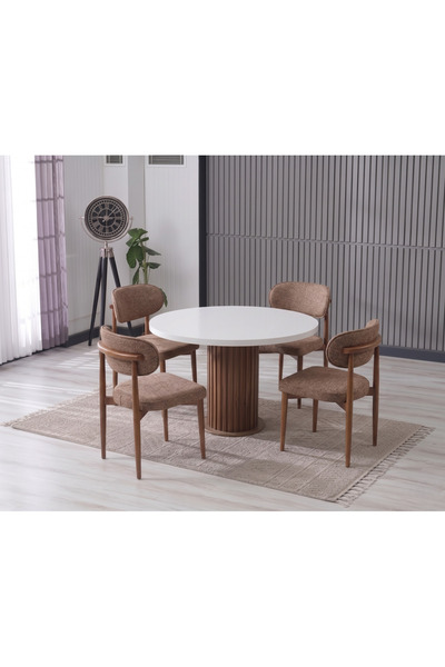 JoyMassa LİNA BOHEM 90x90 BEYAZ/AHŞAP YUVARLAK MASA & 4 POLO SANDALYE SETİ