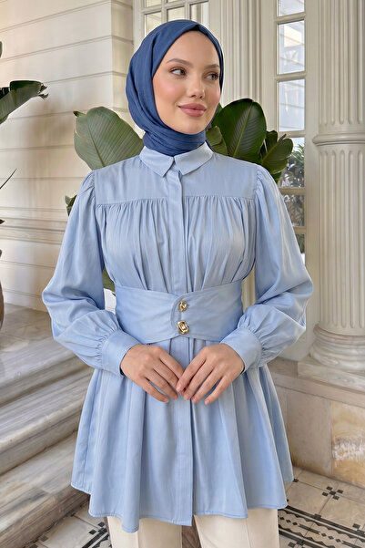 zenne Wide Belted Shirt Y0134 - Baby Blue