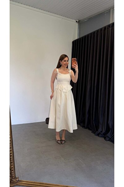 elif teke Gabardin Midi Etek Ekru
