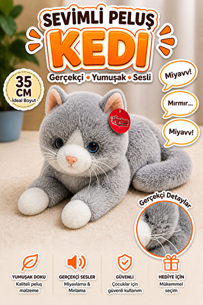 cayenna Pilli Sesli Peluş Kedi Oyuncak 35 cm – Gerçekçi Miyavlayan Yumuşak Do...