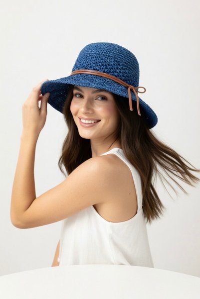 Mollycrush Women's Lace Blue Hand Knitted Tan Laced Straw Bucket |   Summer Sun Protection Beach Hat