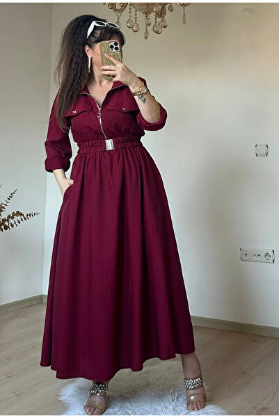 AZRA BUTİK فستان رياضي بجيب على ياقة السترة باللون الأحمر الداكن