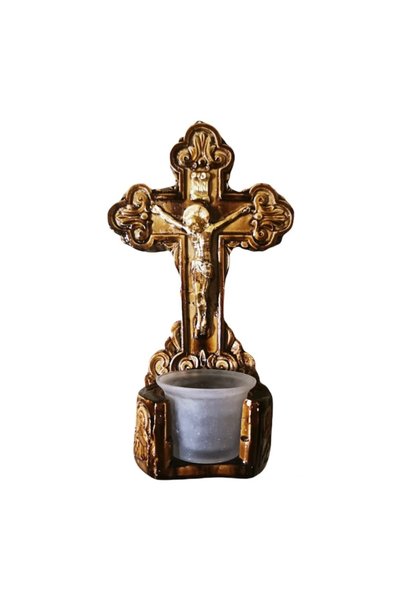 Ceramic Sfeșnic religios cu crucifix, lumânare/sticlă