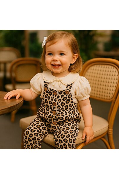 NoyNoy Baby Kız Bebek Leopar Salopet Takım