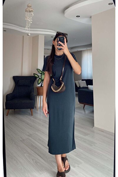 Olbia Butik Kadın Modal Yırtmaçlı Bisiklet Yaka Maxi Elbise