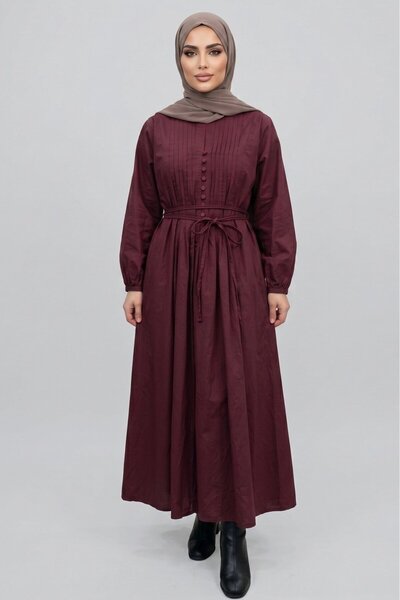 Norshen Burgundy Women's High Collar Dress with Button Detail - Poplin Fabric