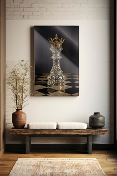 Glassta Kristal Satranç Taşı ve Taç Tasarımlı Cam Tablo