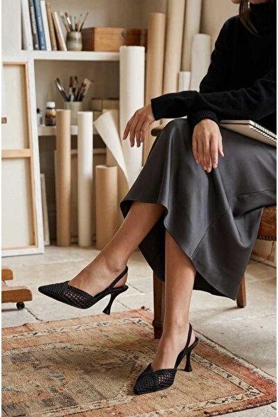 Ayser shoes Sivri Burun Örgü Dantel Kadın Topuklu Ayakkabı
