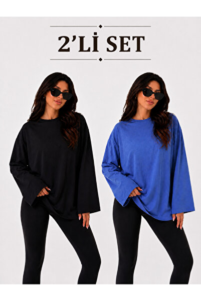 ELİSSE Kadın 2’li Set Oversize Basic Uzun Kollu Tişört Siyah İndigo Salaş Rah...