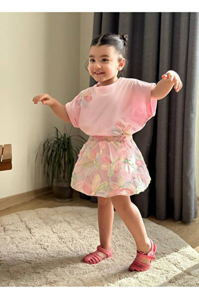 Leni Kids Çiçek Tül Detaylı Pembe Bayramlık Yazlık Kız Etek Bluz Pembe Takım
