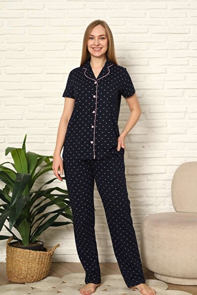 ALİMER Pajama Set - Bowknot Printed, Front Buttoned, Combed Cotton 2802Ky