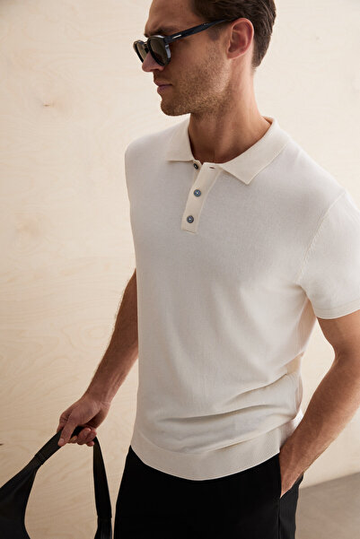 GRIMELANGE Vesto Men's Knitwear Ecru Polo Neck T-Shirt
