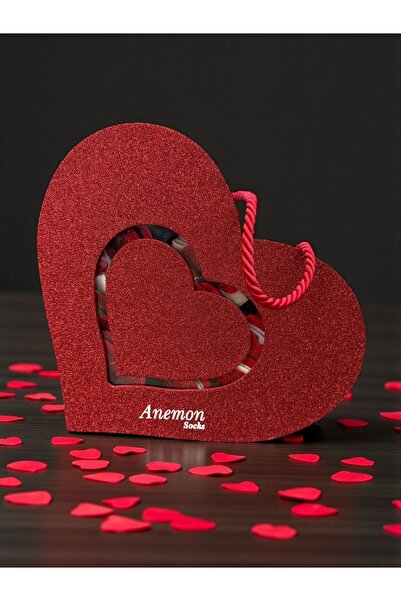 Anemon Socks Özel Kutulu Pamuklu Kalp Desenli Taşlı Çorap 12 Çift