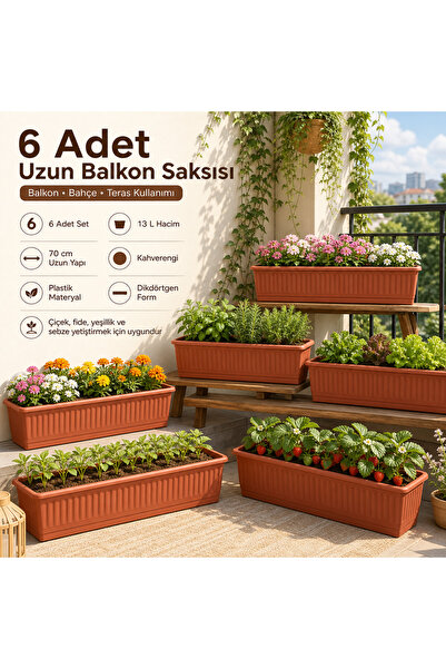 biedda 6 Adet 70 cm Balkon Saksısı 13 L Kahverengi Büyük Boy Uzun Dikdörtgen ...