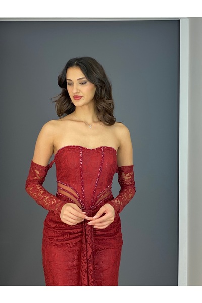 gökkuşagı moda Bordo Dantel Straplez Yırtmaçlı Bel Transparan Boncuk İşli Uzu...