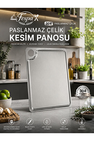 Fespa Profesyonel 304 Paslanmaz Çelik Mutfak Kesim Panosu Su Kanallı