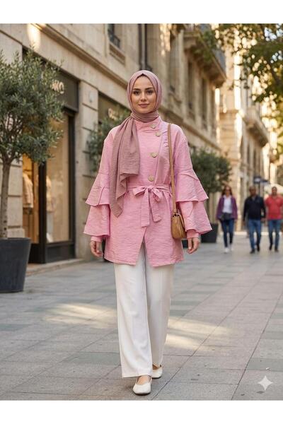 ÇALIŞKAN MODA FIRFIR KATLI KOLLU DİK YAKA KUŞAKLI SALAŞ TESETTUR TUNİK [75 cm...