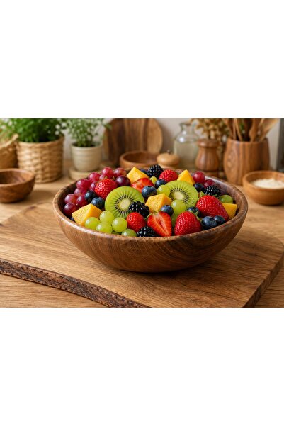 Carveni Doğal Ceviz Ahşap Kase – El Yapımı Salata & Sunum Kasesi Meyvelik