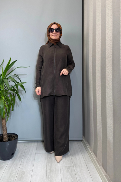 MISS DALIDA Önü Fermuarlı İpek Keten Gömlek Kahve 2266352