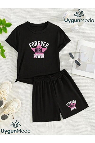 UygunModa Play Girl Star Printed T-Shirt Shorts Summer Children's Set