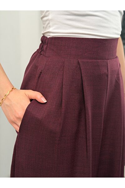 Hatun Atila Pleated Wide-Leg Linen Palazzo Trousers with Elastic Waist at the Back 8980 - Plum