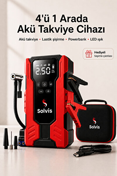 solvis Akıllı Akü Takviye Cihazı 4’ü 1 Arada – Lastik Şişirme, Powerbank, LED...