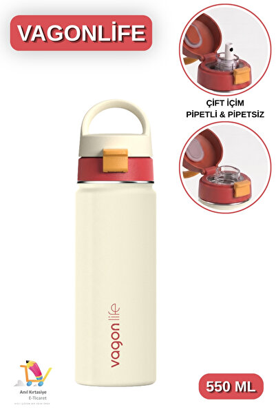Vagonlife 550 ML Çift İçim - Pipetli / Pipetsiz Taşıma Kulplu Paslanmaz Çelik...