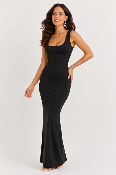 Cool & Sexy Siyah Tonu Korse Detaylı Maxi Elbise