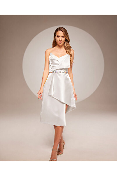 Maxra Govana Women's Strapless Collar Asymmetrical Cut Satin Evening Dress wi...