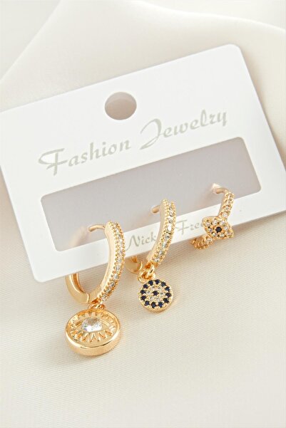 ZERO LAND Ilkeshop 3 Pieces Eye Zircon (10048) Stone Earrings-Yellow