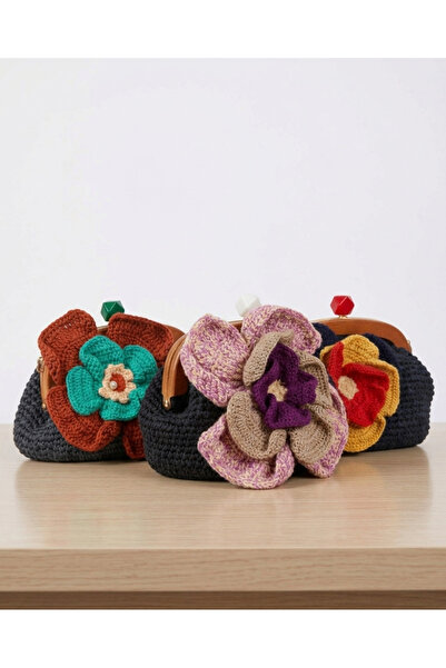 symaslandesign Örgü el çantası, çiçekli hasır portföy, Clutch çanta