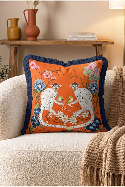 IdeCraft Floral Monkey and Bird Motif Fringed Throw Pillow Cover - Navy Blue ...