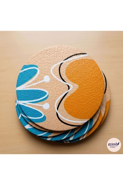 Grand Fine Art 4 Pieces of Printed Leather Coasters - Single-Sided Printed Co...