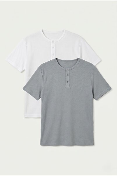 defys Erkek Henley Yaka %100 Pamuklu Rahat Kesim Günlük Basic 2'li Tişört Seti