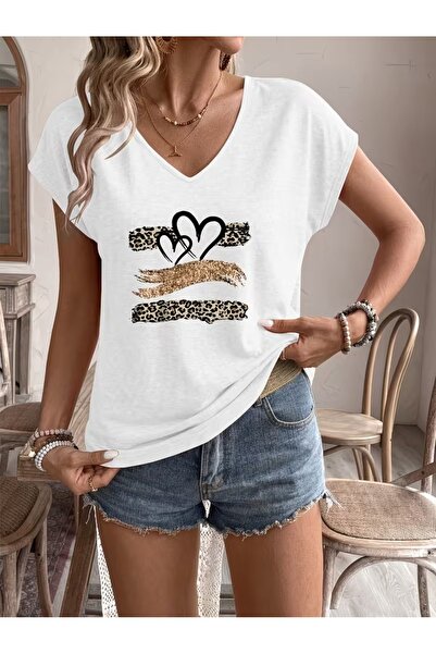 puolikuu Women's Comfortable Fit V-Neck Tshirt Mixed Printed Tshirt