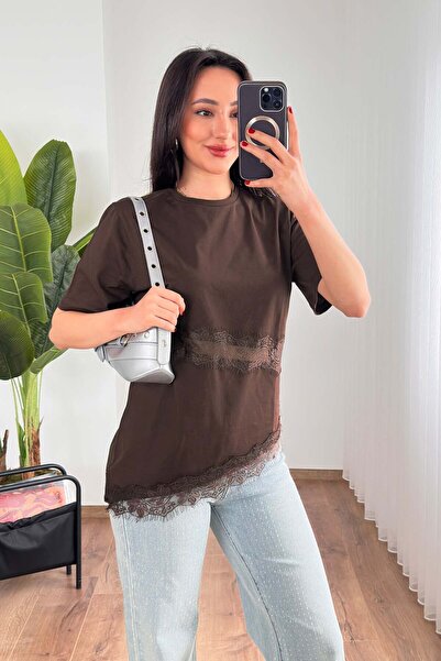 Hipo Trend Lace Detailed Short Sleeve Coffee T-Shirt