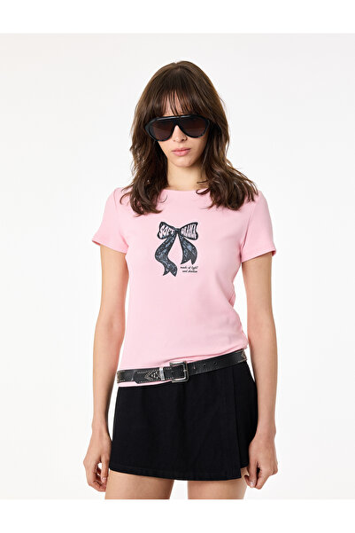 Koton Slim Fit Crew Neck Short Sleeve Bow Print T-Shirt